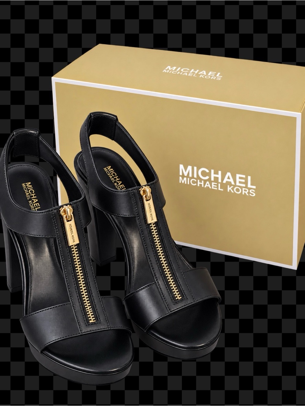 MICHAEL Michael Kors Black Leather Open-Toe Zip Block Heel Sandals